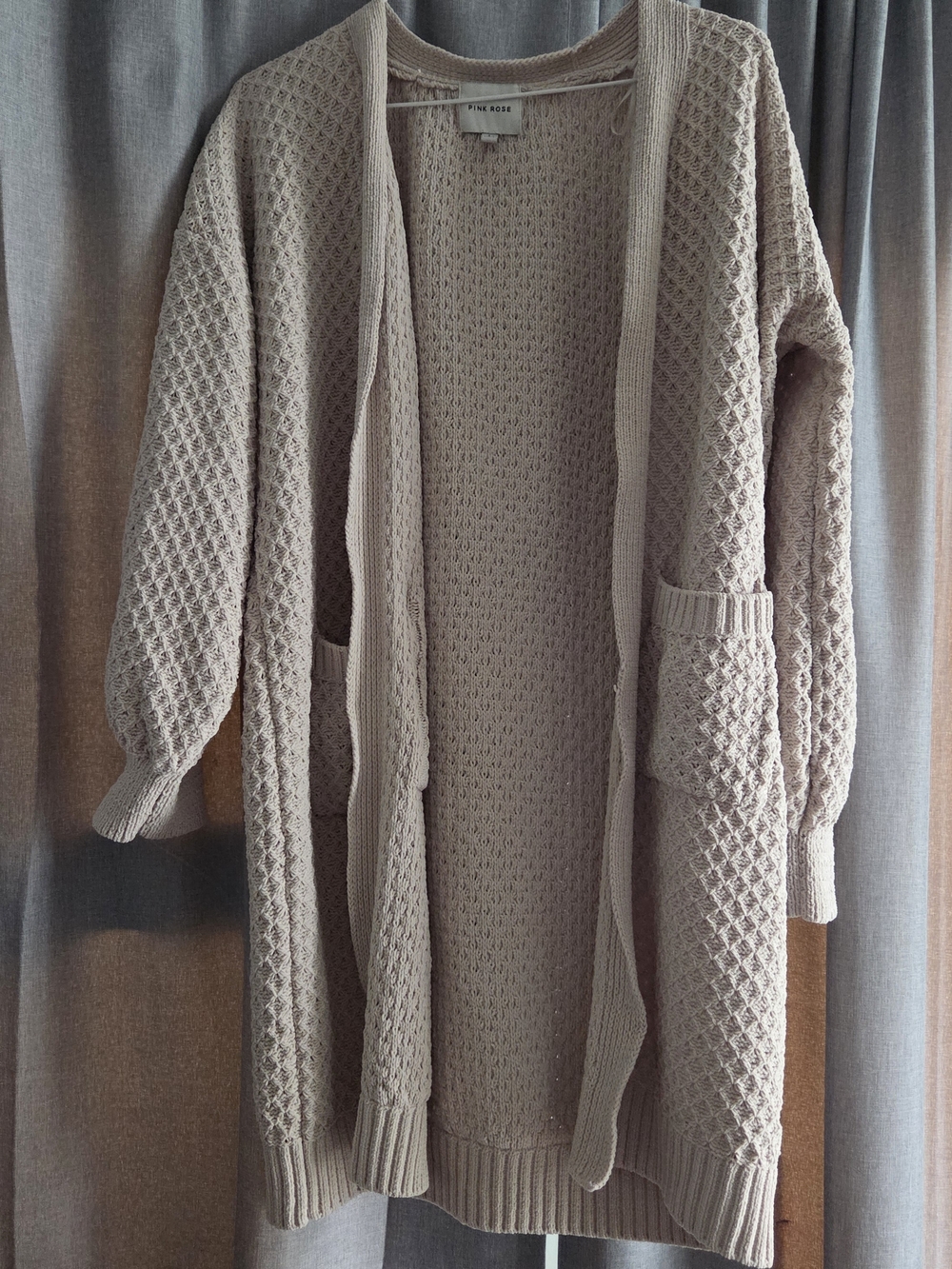 Pink Rose Cream Open-Front Knit Cardigan with Pockets
